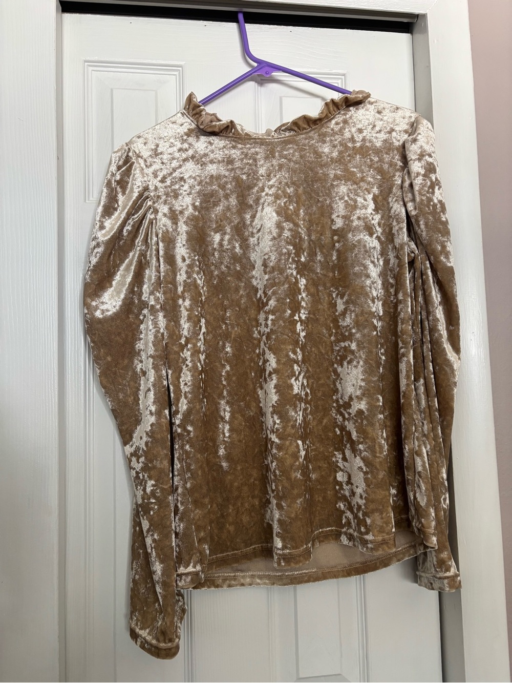 SHEIN Taupe Crushed Velvet Ruffle Neck Long Sleeve Top